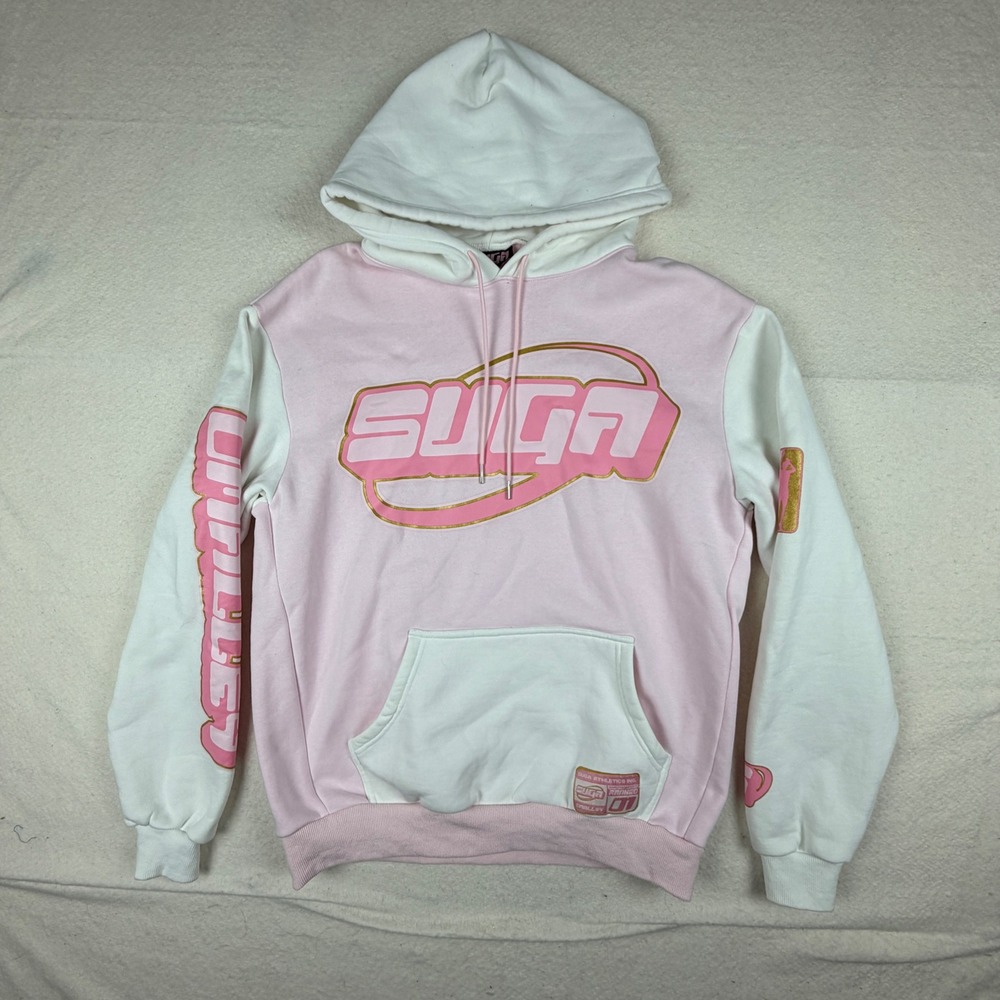 Suga Athletics Pink White Colorblock Graphic Hoodie Sweatshirt Large Y2K Style